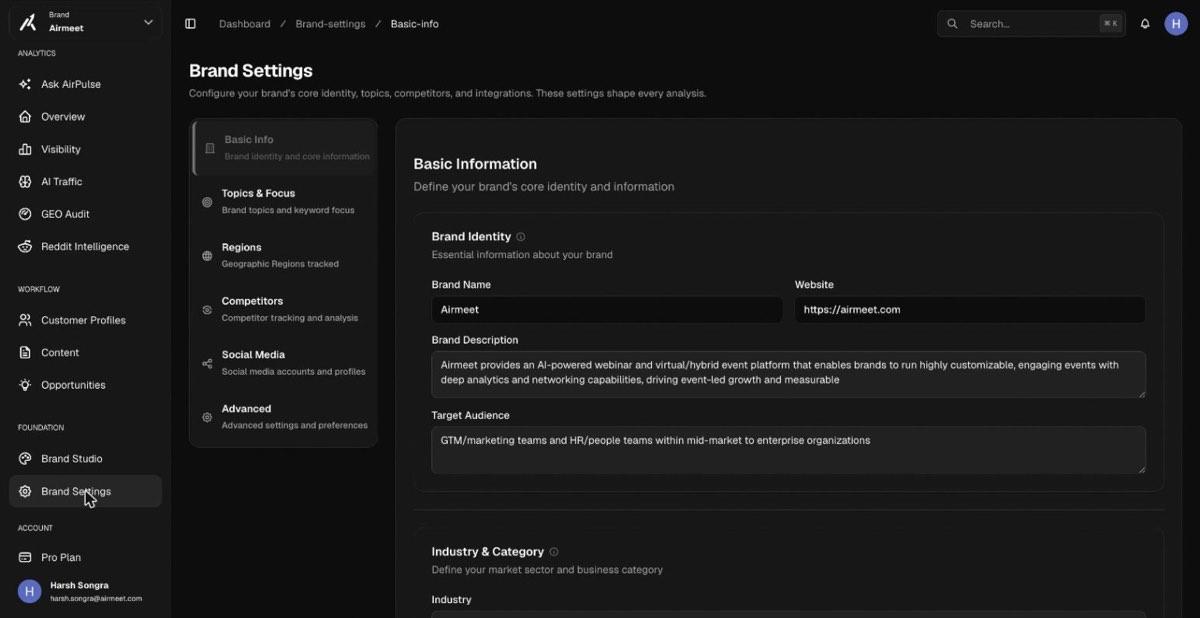 Brand Settings screen showing Basic Information fields and the section list: Basic Info, Topics and Focus, Regions, Competitors, Social Media, Advanced
