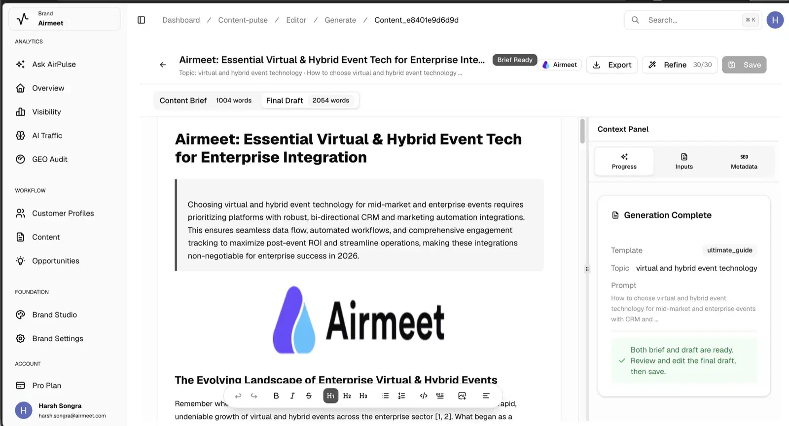 AirPulse content editor with final draft