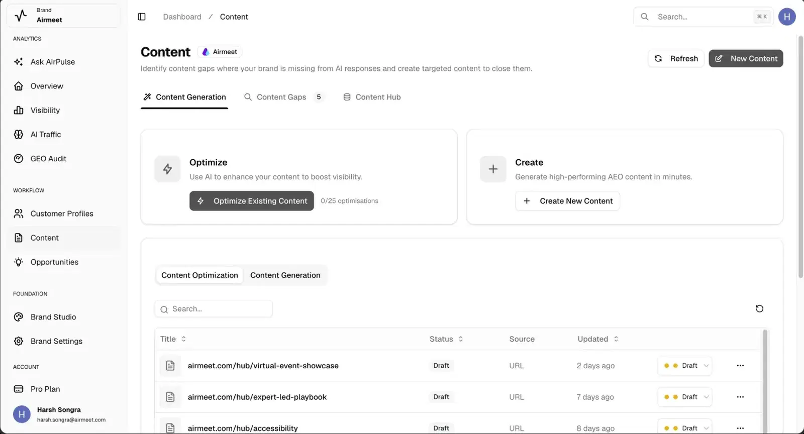 AirPulse content workspace with a draft scored before publishing
