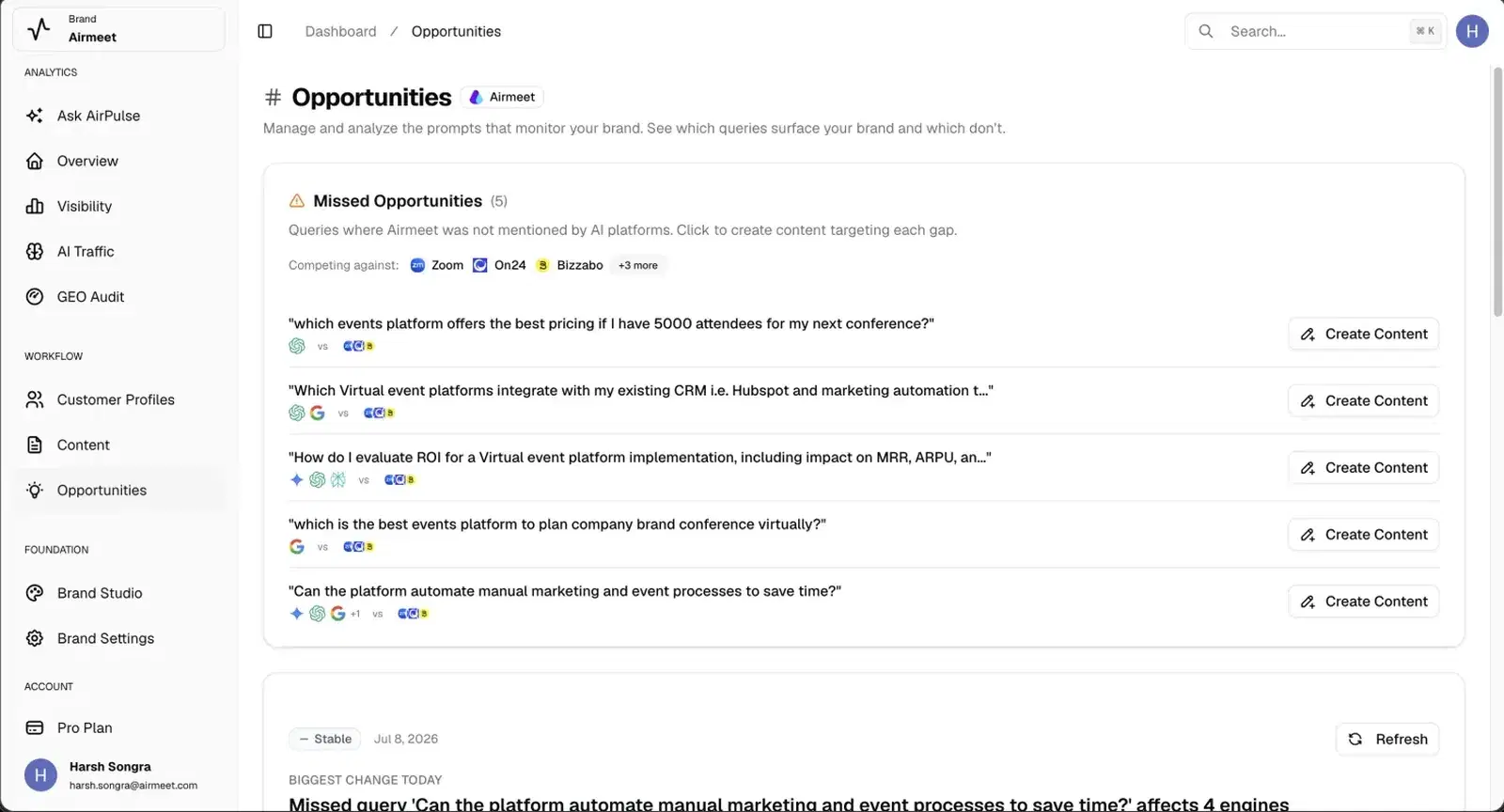 AirPulse opportunities feed listing missed buyer queries