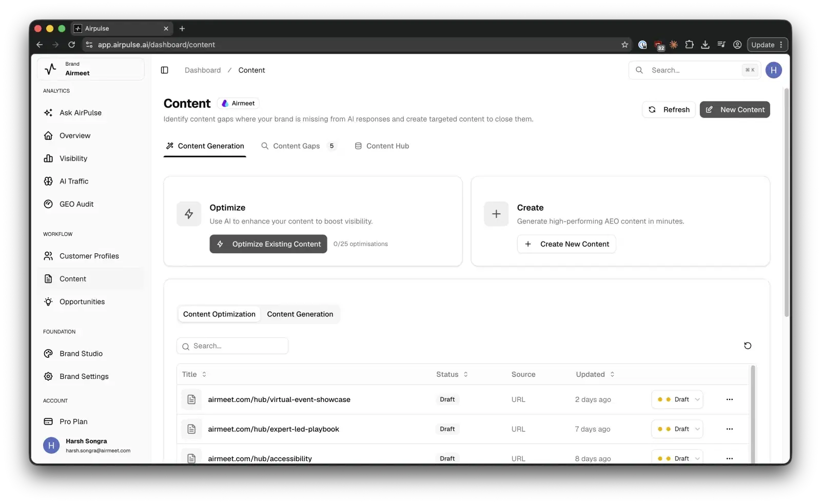 The content workspace in AirPulse: a draft with its pre-publish score