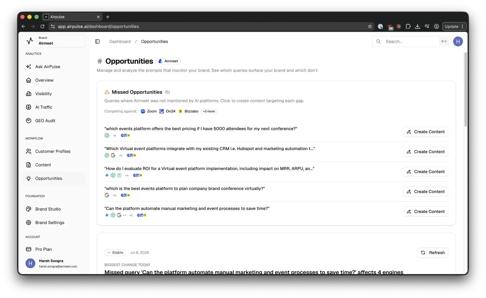 The opportunities feed in AirPulse: missed buyer queries ranked by impact