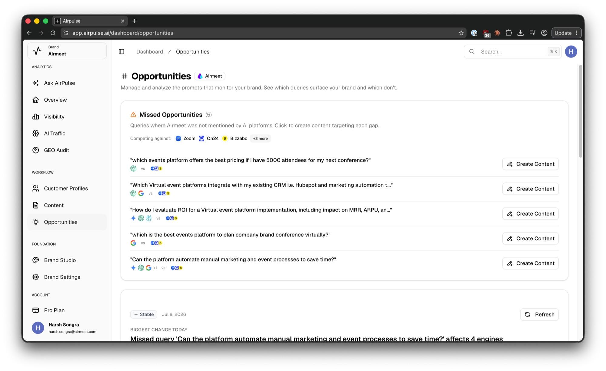 Missed opportunities dashboard in AirPulse