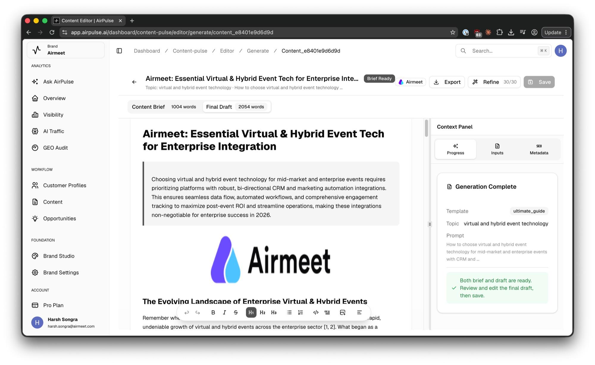AirPulse content editor with final draft