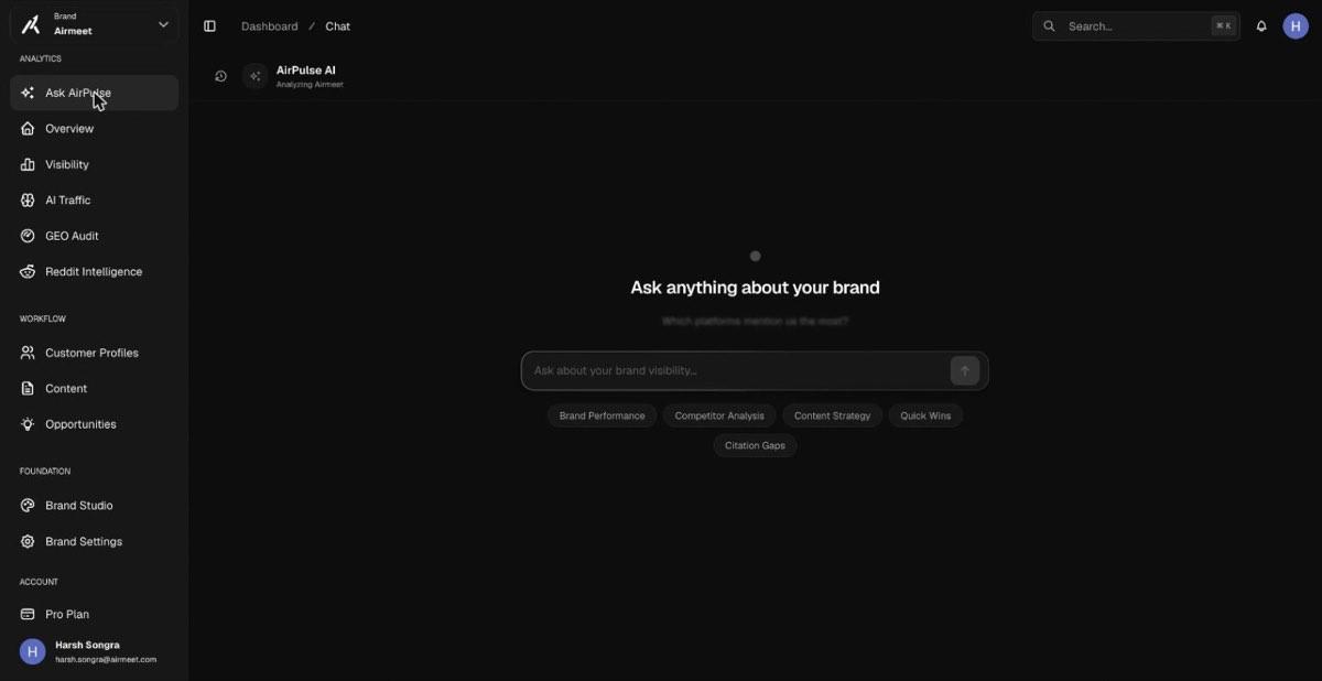 Ask AirPulse chat screen with the prompt Ask anything about your brand and suggestion chips