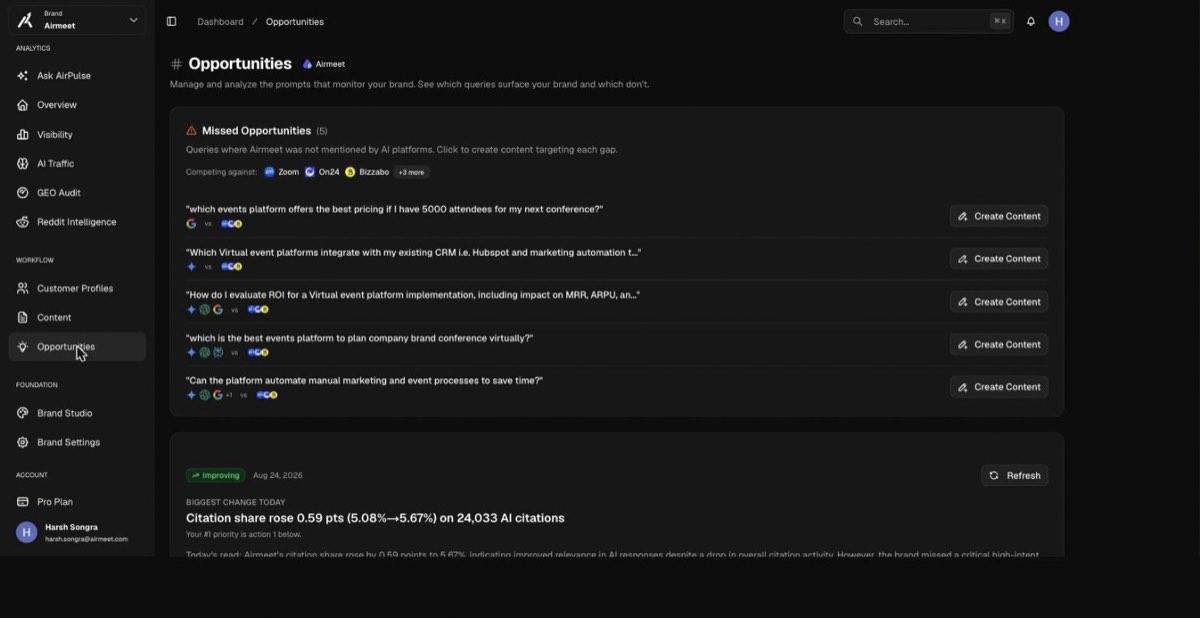 Opportunities screen listing missed opportunity queries with competitor engine icons and a Biggest Change Today narrative