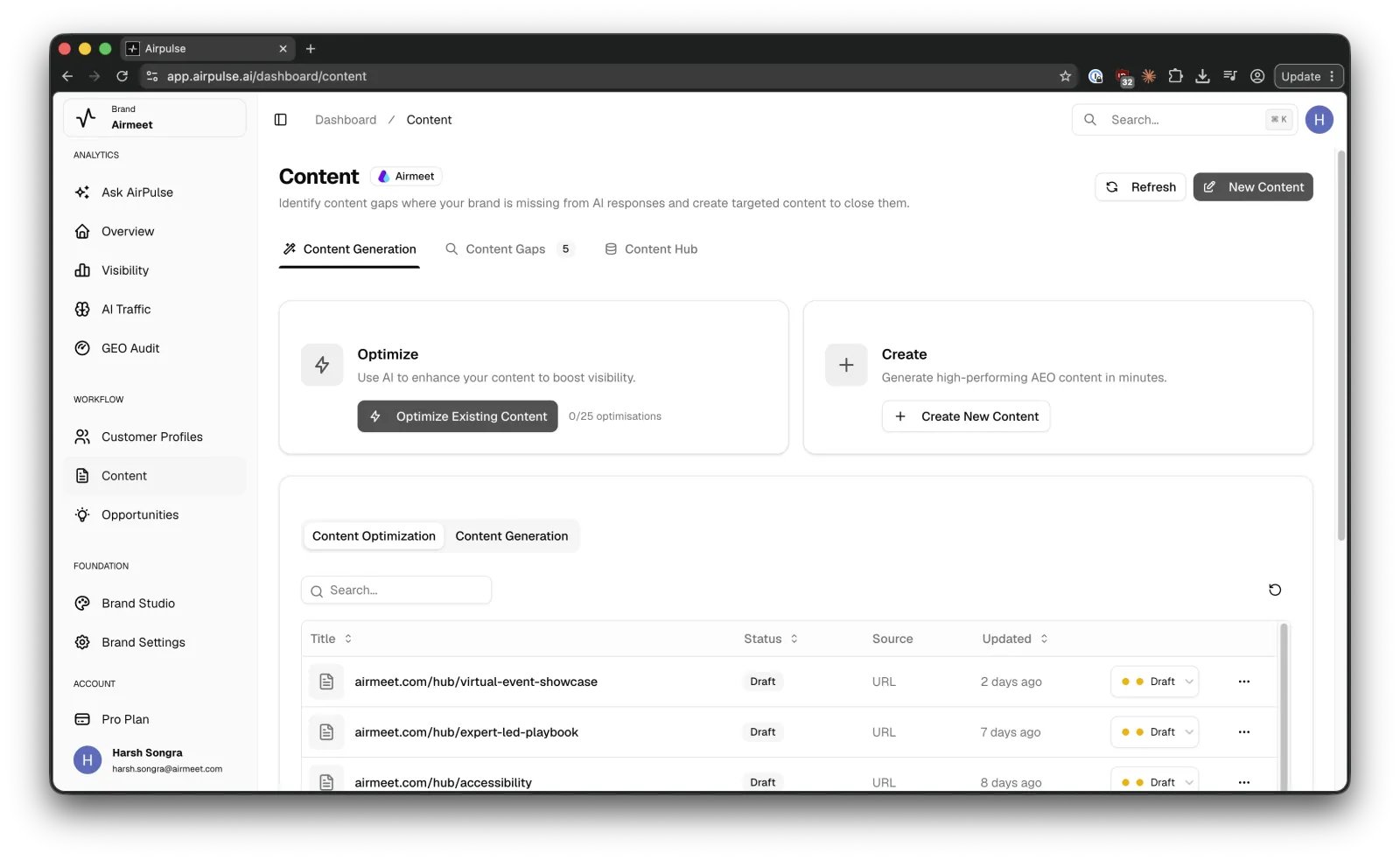 AirPulse content workspace with a draft scored before publishing