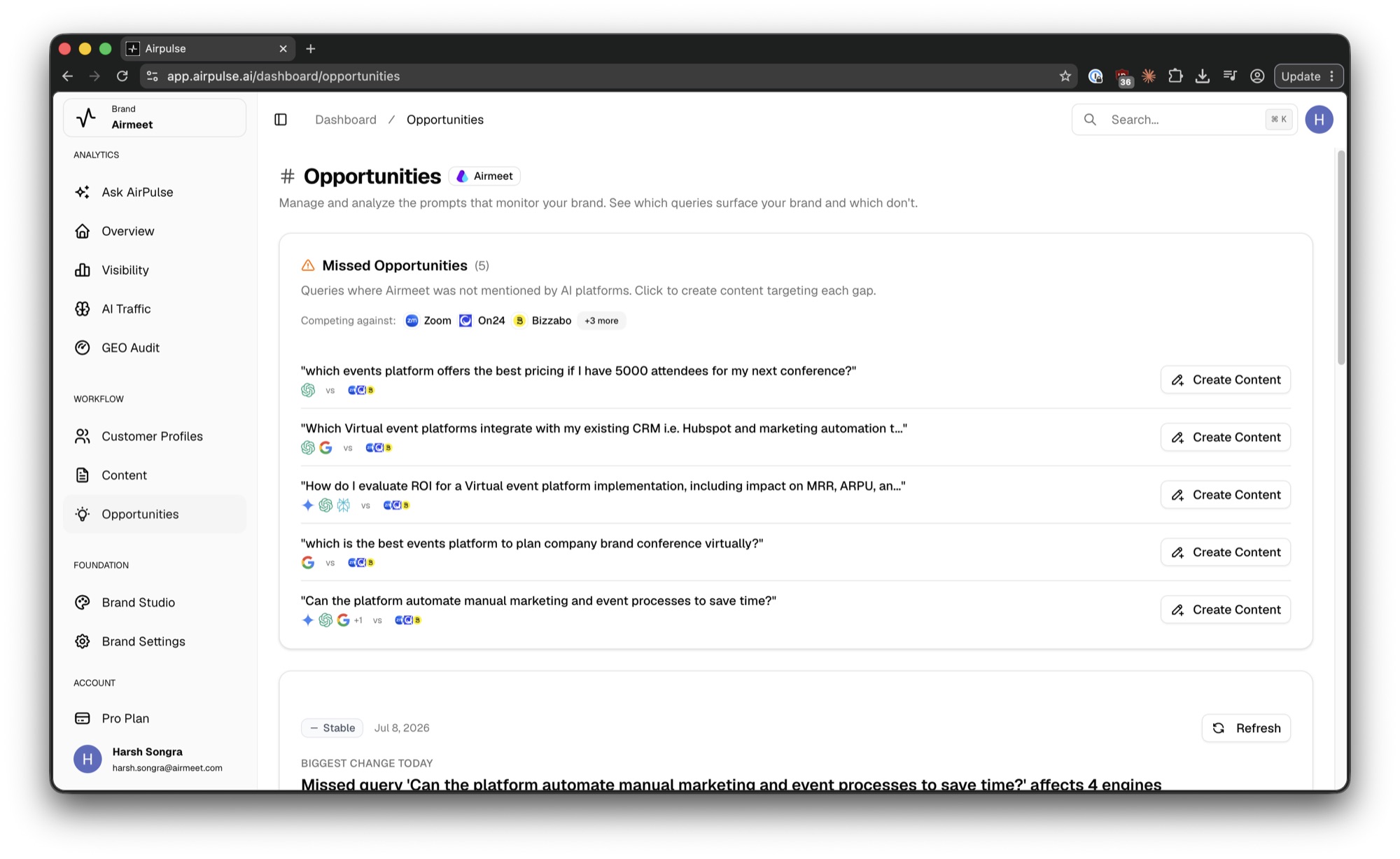 Missed opportunities dashboard in AirPulse
