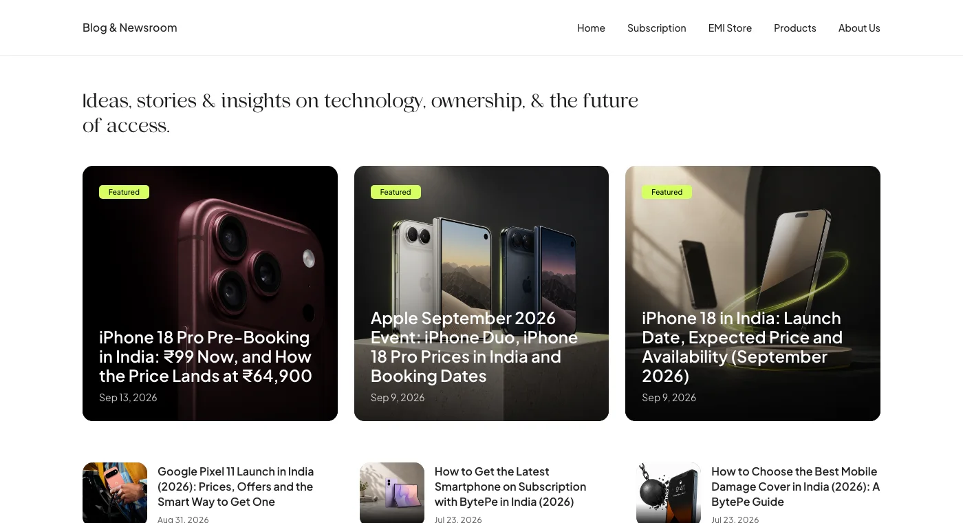 The BytePe Blog and Newsroom index on bytepe.com, showing featured articles on iPhone 18 Pro pre-booking, the Apple September event and the iPhone 18 India launch.