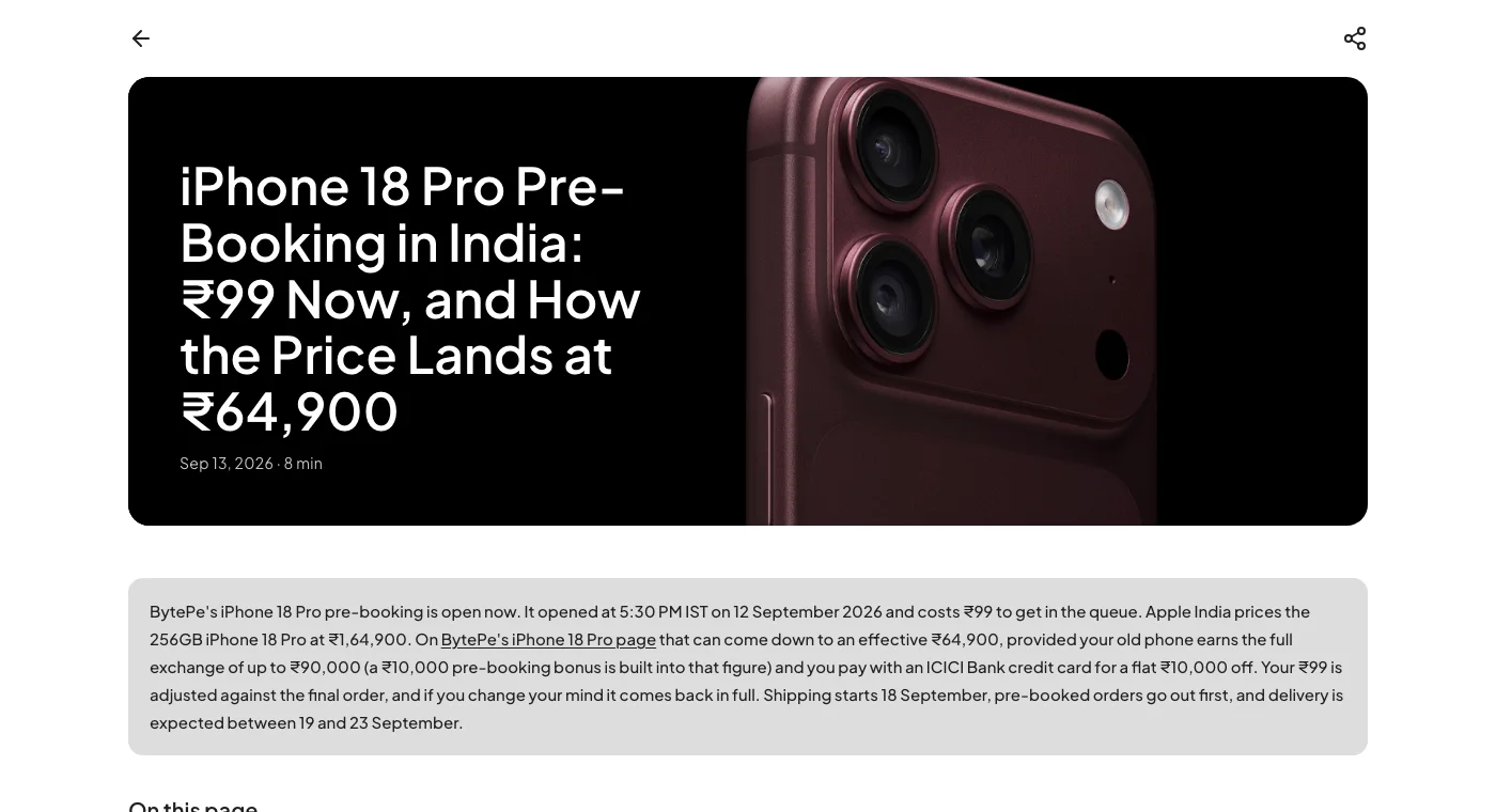 The iPhone 18 Pro pre-booking article on bytepe.com, with the opening summary stating the pre-booking time, price and bank offer.